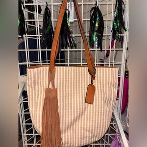 Slow Society Striped Tan Tote Bag with tassel